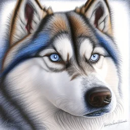 Colored pencil drawing. Portrait, realistic, dog, fur texture, husky