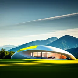 Ilustración minimalista de una casa campestre estilo Zaha Hadid forma ovalada en las montañas arte nouveau neón lineal color negro blanco y amarillo calidad ultra fondo ciudad