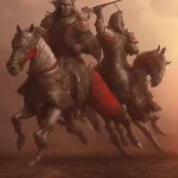 Nomad cavalry inline attacking. Horses. Damascus steel. Red. Sharp details. Roar.