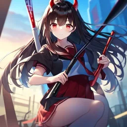 Clear focus,High resolution, Black long hair, Red eyes, Red horns, Wearing a black and red sailor uniform, Swinging a baseball bat