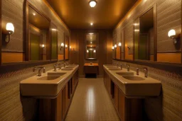 Pictures of a group of bathrooms in Mathaf Restaurant. The walls and floors are in brown tones, and the sinks are on one wall.