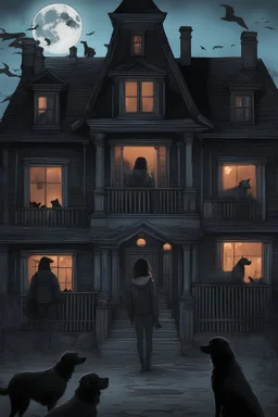 full of black dogs inside ghost house , night, misty, blue moon