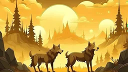 fantasy cartoon style illustration: pack of brown wolves is guarding golden coins near the scary and cold and hazy Misty Ridge