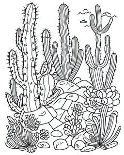 outline art for stoners coloring pages with A very simple and super minimal design featuring A psychedelic desert oasis with cacti shaped like giant buds, white background, sketch style, fully body, only use outline, cartoon style, clean line art, white background, no shadows and clear and well outlined