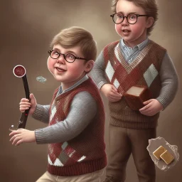 solo peter billingsley is a chubby kid with glasses, gripping a single Dark red soap bar, ((brown))argyle sweater