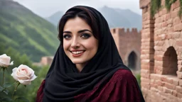 Hyper Realistic Close-Face-View-Of Beautiful Young Happy Pashto Woman With Beautiful-Black-Mascara-Eyes-&-Black-Hair Smiling & Wearing Black-Frock & Black-Shawl-With-Maroon-Lace Carrying A White-Rose outside a brick-castle-wall on Mountain-Top With Greenery & Breathtaking Cloudy-Rainy-Weather Showing Dramatic & Cinematic Ambiance.