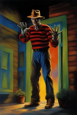 in the dead of night the bright moon shines down on a giant, extremely colorful Freddy Krueger standing outside the home of his next victim, a vibrant, extremely colorful, multicolored, watercolor stained wall in the background, in the art style of Boris Vallejo, Frank Frazetta, Julie bell, Caravaggio, Rembrandt, Michelangelo, Picasso, Gilbert Stuart, Neal Adams, Jim Lee, Sanjulian, Thomas Kinkade, Jim Lee, Alex Ross, Dorian Vallejo, Stan Lee, Norman Rockwell - Absolute Reality v16,