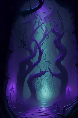 A frightening fungus forest dungeon hallway with purple mist