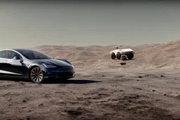 A Tesla 'Model S' is drifting at high speeds, at the lunar landing site of the 'Apollo 11'. (CINEMATIC, WIDE ANGLE LENS, PHOTO REAL)