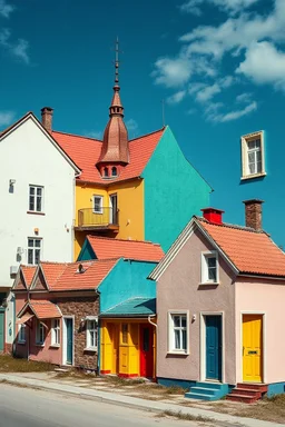 Fotografia di strada random assurda e falsa orripilante Moldavia Transnistria Adighezia weirdcore dai colori vivaci. Non luogo falso, inusuale. Max Ernst. Le case sono false e dipinte di chiaro con cose stilizzate e dettagli. Ci sono strane. , che danno un senso distopico e molto surreale, disposte in modo casuale. L'atmosfera generale sembra noiosa e onirica, con un contrasto tra elementi reali ed elementi dipinti falsi, René Magritte