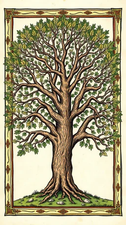 "A medieval-style, hand drawn illustration of a royal family tree without portraits, featuring detailed branches and leaves. The large tree is rooted in the ground, with grass and small rocks under it. The overall style is inspired by classic medieval manuscripts with intricate borders, but no images of people. The colors are vibrant but aged, giving the look of an old, drawing.