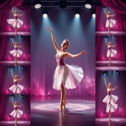 create storyboard of 9 images of a beautiful balerina in pretty clothing in a modern cifi stage in her performance cinamatic lights .