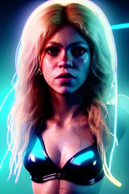 portrait, Shakira, blonde artist, angry, Realistic image, latex style dress. Skewers, loose long hair, eyes make up, perfect, glow, circle iris. Neon colors, leds, geometric shapes. Dark background, photo studio, neon lights. Cyberpunk, concept art, smooth, unreal engine 5, god lights, ray tracing, RTX, lumen lighting, ultra detail, volumetric lighting, 3d, finely drawn, high definition, 4k.