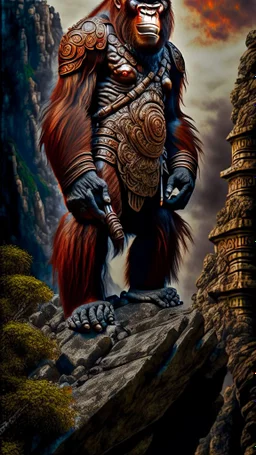 Orangutan Assassin Gothic symmetrical design standing on the edge of a cliff frontal view full body full arms full legs full head full hyper-detailed hyper-realistic ink art full legs 8k