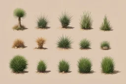 Isolated concept art of multiple types of alien plant on a plain neutral background. Designed for Desert biome – dry, spiky, brittle grass with sharp edges, and pale dusty colors