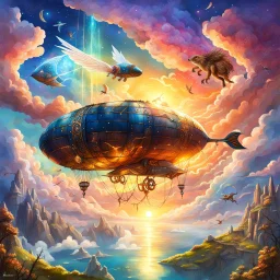 A zeppiln flying in a fantasy sky next to fantasy creatures. Light, Sunset, Happy, Fantasy. Magical. Epic. Dramatic, highly detailed, digital painting, masterpiece