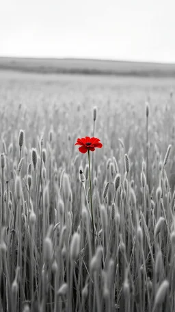 All in black and white picture of A field of barely , in the middle a red flower standing alone