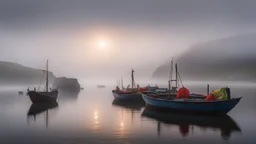 Painted fishermen’s boats anchored in a harbour in the Faroe Islands near a fishing village, fishermen putting fishing nets on their boats, peaceful, mist in the distance over the calm sea, early morning, sunrise, beautiful romantic photograph, excellent composition, atmospheric, realistic