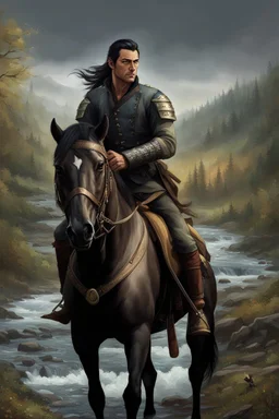 A 40 year old mercenary in a battle jacket and travelers cloth. He is riding a dark gray horse. He is tall, slim, has a sharply cut face. black hair, short ponytail on the top of his head. Perfect face. Perfect eyes. Perfect hands. Perfect feets. fantasy setting. A river ford in a wood. Hyperrealistic, splash art, concept art, mid shot, intricately detailed, color depth, dramatic, 2/3 face angle, side light, colorful background. Style of Frank Frazetta