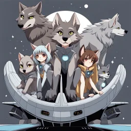 front in picture an of little dark brown catlike creature with big ears, big eyes stands medium close and looking an anthropomorphic wolf couple sitting on the spaceship's ramp close together, the pale gray body hair female wolf sits behind strong male wolf and touths one paw on the dark gray body hair man wolf's shoulder, raini day, on ramp a little piece of meat lies down, high contrast, high detalied, high realistic, in background detail of an angular spaceship visible. Rain, 3d realistic art