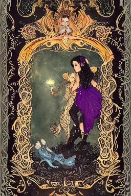 dark fantasy, intricate cover, whimsical with a cat in boots next to a frog with a crown and a translucent glass slipper