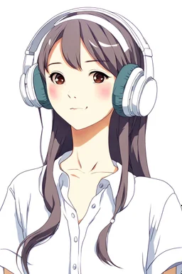 An Asian girl in a white shirt and headphones. Anime style