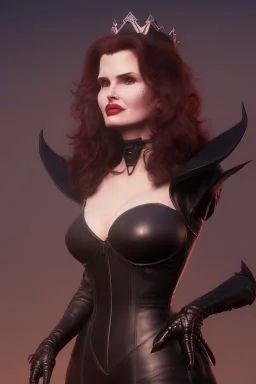 Geena Davis as evil queen in black leather, leather, busty, cleavage, angry, rage, stern look. character design by cory loftis, fenghua zhong, ryohei hase, ismail inceoglu and ruan jia. unreal engine 5, artistic lighting, highly detailed, photorealistic, fantasy