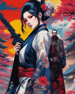 comic anime Japanese art featuring a geiko Yakuza Girl holding a gun and mafia yakuza man in traditional japanese attire with modern or futuristic elements, set against a vibrant colors and detailed background that blends cultural motifs with imaginative design Japanese comic anime art style