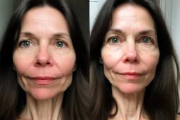 A selfie of a brunette woman, middle long hair, showing a 39-year-old European woman. She has white skin, tousled brown hair, face without makeup, big round dark brown eyes, cute nose, detailed full lips, skin texture. Split screen and show the same face but 15 years older