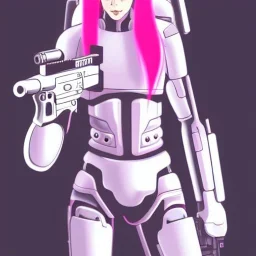 cute cyborg, white and pink hair, sexy, with a laset gun, under an alien moon, misty, realistic, style of ghost in the shell