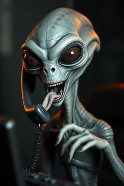 lifelike grey alien yelling into the phone
