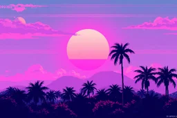 8 bit pixelart of sun, palmtrees synthwave, synthwave collored, vaporvave