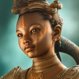 Sango fantasy, fantasy magic, intricate, sharp focus, illustration, highly detailed, digital painting, concept art, matte, art germ and Paul Lewin and Kehinde Wiley, masterpiece silver elephant head bronze Buddha Asian African girl nice breast Hawaiian hair turquoise golden waves