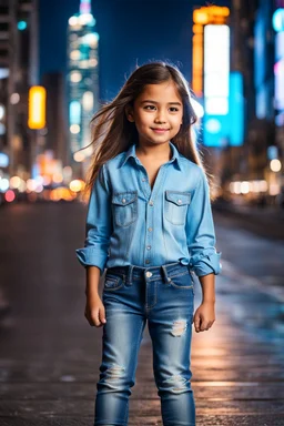 Little 8 years old beautiful girl perfect face,1girl wearing a pretty shirt and jean pant, standing pose,modern city ,night view