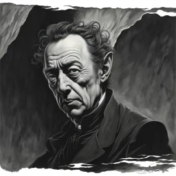 Artists leonardo Da Vinci and Michael Whelan and George Herriman unleash a captivating portrait illustration of Albert Camus, his wicked countenance dominating the canvas, clear eyes piercing through enveloping darkness, brilliantly grounded against the backdrop of an elusive nightmare, palpable textures, Whelan's distinctive visceral style, detailed line work, opulent shadows, hyperrealistic