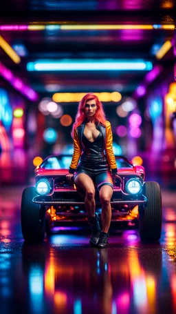 sexy dragster stunt woman posing on a hipster car parked in dark neon lit reflective wet arcade hall tunnel,bokeh like f/0.8, tilt-shift lens 8k, high detail, smooth render, down-light, unreal engine, prize winning