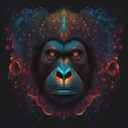 T-shirt design graphics on white background, Parametric structure, vivid colors, frontal gorilla Head in mandelbrot style, Renè Magrite style, intricated details, cyberpunk, few colors, surreal, symmetrical, high contrast