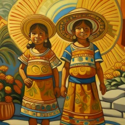 2 mexican childeren painting neoclassism whole body zoom the sun