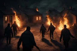 photorealistic, a group of men with torches terrorizes a village. burning village at night, houses on fire, black people running scared, photorealistic