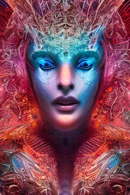 Face of a Alien Deity, centered, corals, plume made of geometry, extremly detailed digital painting, sharp focus in the style of android jones, artwork of a futuristic artificial intelligence superstar with frames made of detailed circuits, mystical colors, rim light, beautiful lighting, 8k, stunning scene, raytracing, octane, under water visual distortion, dark tones colors, holographic feeling, trending on artstation