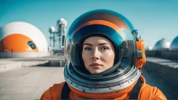 tangerine tango and ultramarine green color blocking, (sci-fi aesthetic:1.4), bright instagram LUT, shot of a (Danish 20 yo woman:1.2) retro-futuristic cosmonaut with a shy smile wearing a glass dome helmet and spacesuit with harness (with futuristic power plant in the background:1.2), skindentation, hourglass figure, waist cincher, on alien landscape with its surface covered in impact craters, valleys, plains and mountains, grey dust, a heavy rain storm, at sunrise, geometric gradients, sci-fi,