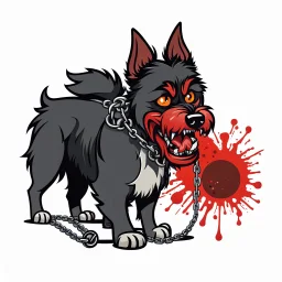 left facing head of angry Terrier dog with blood shot eyes and bloodied teeth and bushy fur, a ball chain collar around neck, a chain leash attached to collar, vector