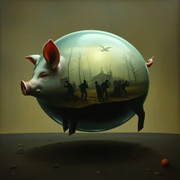 Vepic surreal matte oil painting, floating glass pig with a WWI trench battle scene inside, Visual embalming atmosphere, metaphorical, imagine if Zdzislaw Beksinski had conceived this, by Colin McCahon, visceral, unsettling, fantastically sophisticated