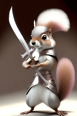 squirrel, silver fur with brown markings, long dark-gray silver and copper squirrel tail, a simple pink and silver costume, slashing down with a gold sword, masterpiece, best quality, ((In French Animation style))