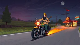 The kebab man driving fast on his holy motorcycle, fire from the exhaust, holy widescreen picture, holy empty road on the holy country at night, comic style, no helmet and he have a long holy black beard, neon kebab signs along the road, jesus stand at his market stand selling holy kebabs, simon stålenhag style, pixel art