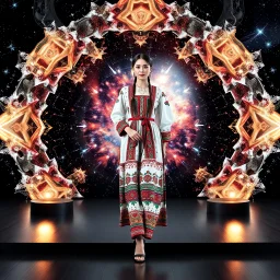 A full-body shot of a beautiful lady wearing azeri folk costum walking on a nice stage and looking at the camera 3D fractal interstellar world.