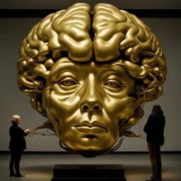 a huge golden inflated sculpture of brain supported by very small beautiful Asian female human bodies,complex surgical instruments,a newborn boy between light and shadow, black background,surrealism, symbolism, minimalism, sculpture by Lucian Freud, Rene Magritte, Salvador Dali