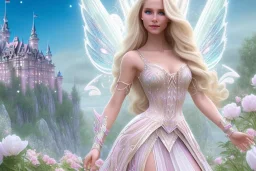 castle in background, beautiful, soft, big smiling, straight and long blonde hair, blues eyes, dewy and shiny atmosphere, diamond crown, long fairy wings in the back, full head, pink veil clothes