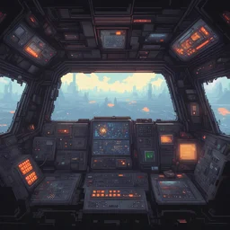 A visão dentro da cabine de comando de um mecha lutando, arte em pixel