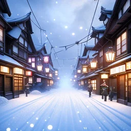 /imagine prompt: The small empty street in Japan is covered with snow, the sky is cloudy and it is snowing, the lights of houses and shops are bright,, by Yoshitaka Amano, Visual Novel, Concept Art, Digital Art, Glitter, Snow, Wires --ar 4:5